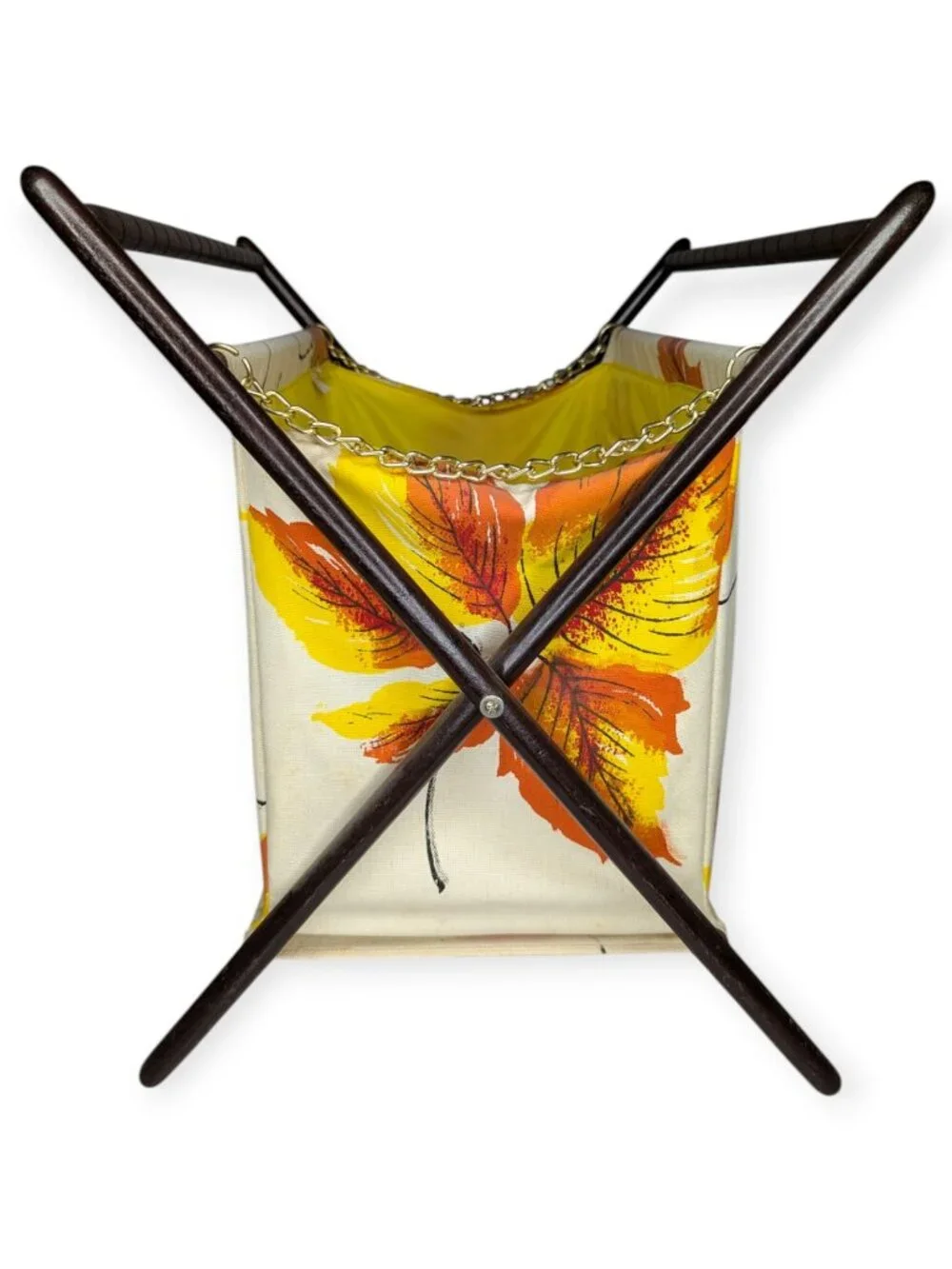 Mid-Century Leaf Print Fabric Knitting Basket Fall Autumn Wood Freestanding